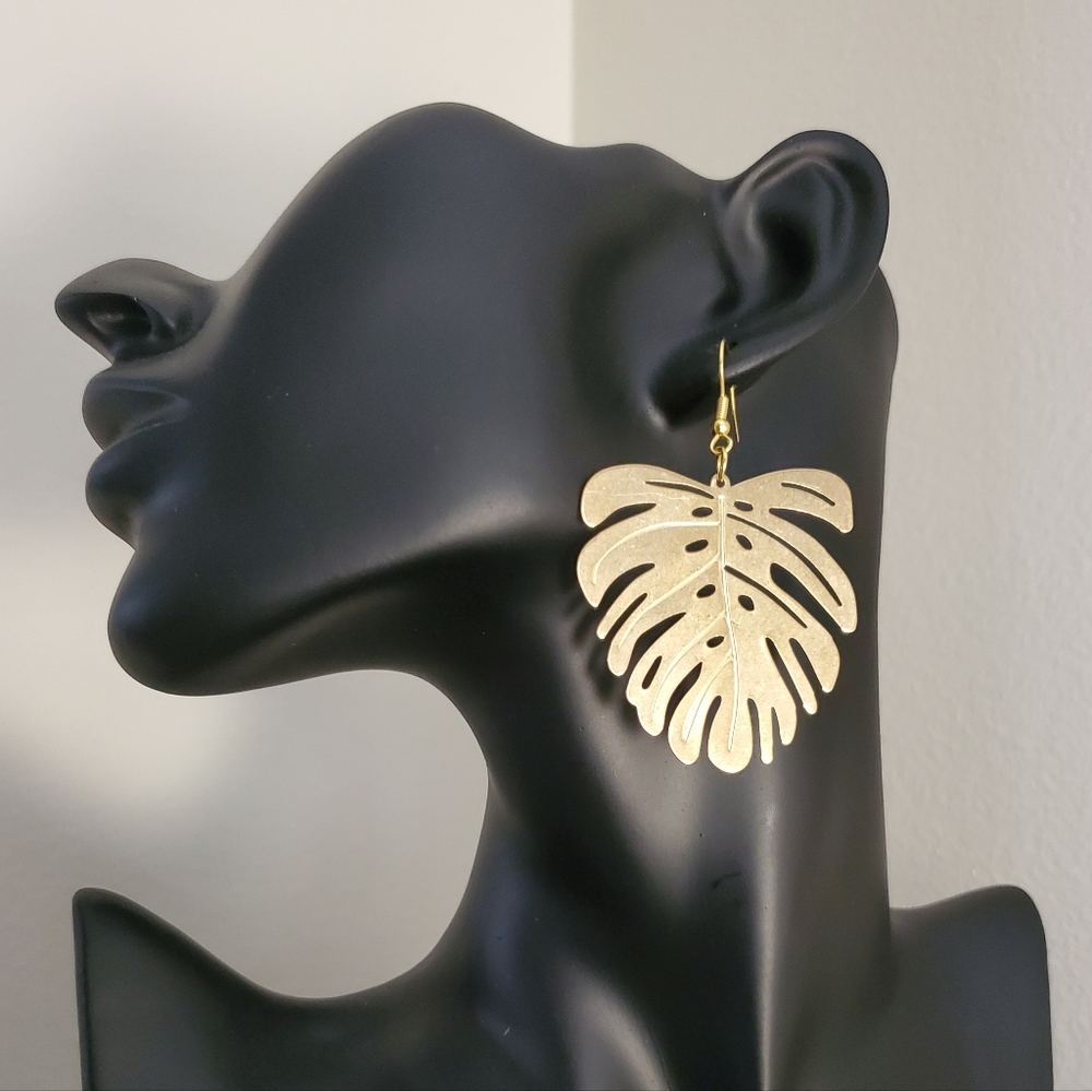 Brass Monstera Leaf Earrings - image 1